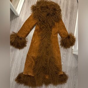 Womens Brown 100 % Mongolian fur Shearling Trim Suede Coat